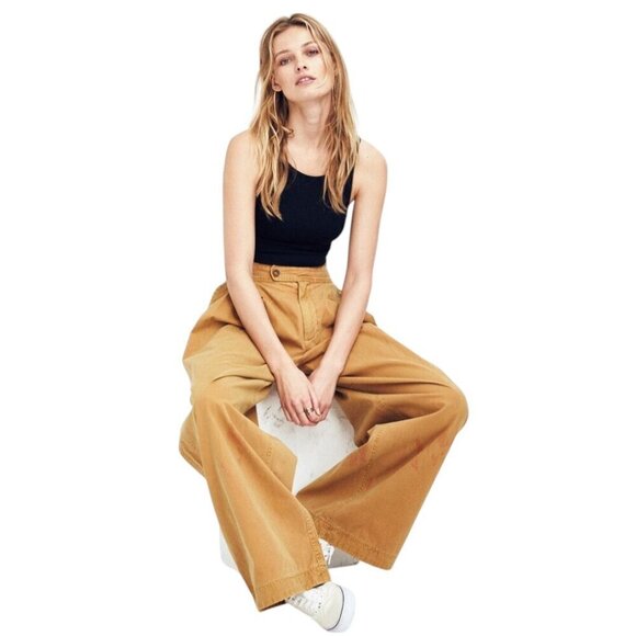 Free People Liberty Wide Leg Pleated Caramel Tan Pants - Picture 1 of 12